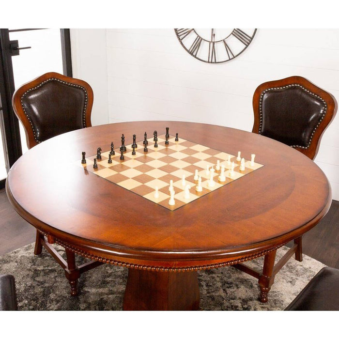 Sunset Trading Bellagio 5 Piece 42" Round Counter Height Dining, Chess and Poker Table Set | Reversible 3 in 1 Game Top | Distressed Cherry Brown Wood | Upholstered Stools with Nailheads CR-87148-TCB-5P