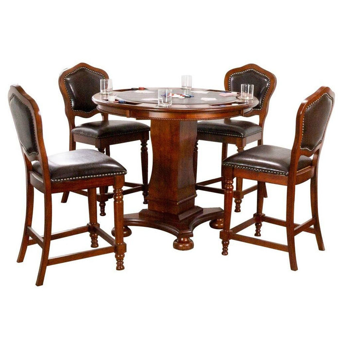 Sunset Trading Bellagio 5 Piece 42" Round Counter Height Dining, Chess and Poker Table Set | Reversible 3 in 1 Game Top | Distressed Cherry Brown Wood | Upholstered Stools with Nailheads CR-87148-TCB-5P