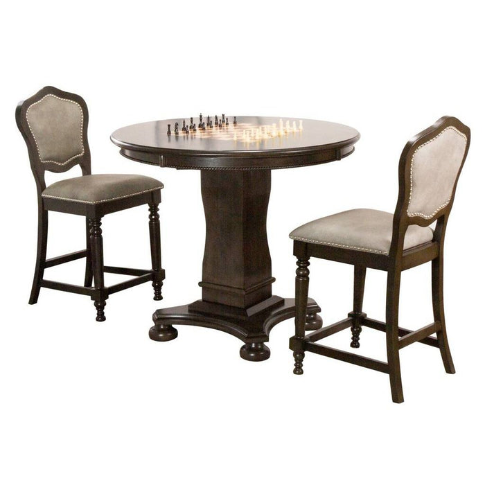 Sunset Trading Vegas 3 Piece 42.5" Round Counter Height Dining, Chess and Poker Table Set | Reversible 3 in 1 Game Top | Distressed Gray Wood | Upholstered Stools with Nailheads CR-87711-TCB-3P