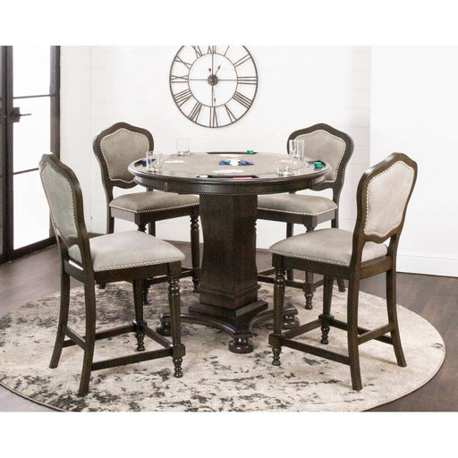 Sunset Trading Vegas 5 Piece 42.5" Round Counter Height Dining, Chess and Poker Table Set | Reversible 3 in 1 Game Top | Distressed Gray Wood | Upholstered Stools with Nailheads CR-87711-TCB-5P