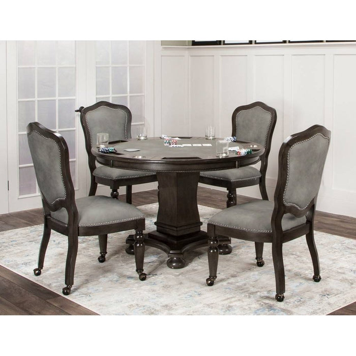Sunset Trading 5 Piece 48" Round Vegas Dining and Poker Table Set | Reversible Game Top | Gray Wood | Caster Chairs with Nailheads CR-87711-5PC