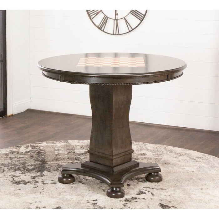 Sunset Trading Vegas 42.5" Round Counter Height Dining, Chess and Poker Table | Reversible 3 in 1 Game Top | Distressed Gray Wood CR-87711-TCB