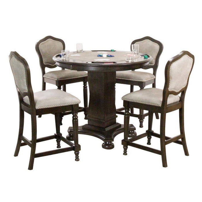 Sunset Trading Vegas 5 Piece 42.5" Round Counter Height Dining, Chess and Poker Table Set | Reversible 3 in 1 Game Top | Distressed Gray Wood | Upholstered Stools with Nailheads CR-87711-TCB-5P