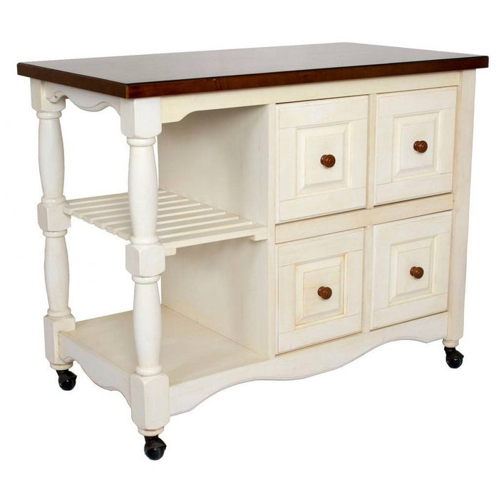 Sunset Trading Andrews Kitchen Cart | Four Drawers | Open Shelves | Antique White and Chestnut Brown DCY-CRT-03-AW