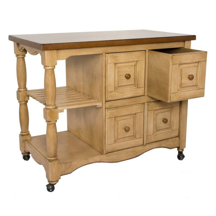 Sunset Trading Brook Kitchen Cart | Four Drawers | Open Shelves | Wheat and Pecan Brown DCY-CRT-03-PW