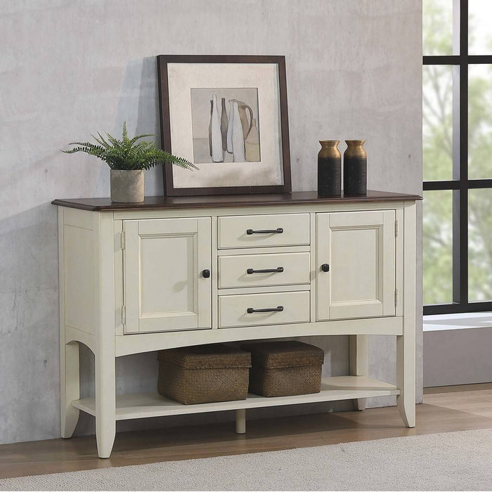 Sunset Trading Andrews Sideboard with Large Display Shelf | 3 Drawers 2 Storage Cabinets | Antique White and Chestnut Brown DLU-ADW1122-SB-AW