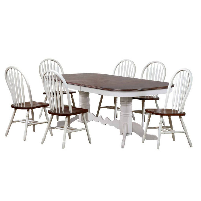 Sunset Trading Andrews 7 Piece 96" Oval Double Pedestal Extendable Dining Set | Butterfly Leaf Trestle Table | 6 Windsor Chairs | Antique White and Chestnut Brown | Seats 10 DLU-ADW4296-820-AW7P