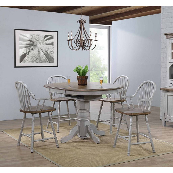 Sunset Trading Country Grove 5 Piece 42" Round to 60" Oval Extendable Pub Table Set | 4 Barstools with Arms | Counter Height Dining | Distressed Gray and Brown Wood | Seats 6 DLU-CG4260CB30AGO5