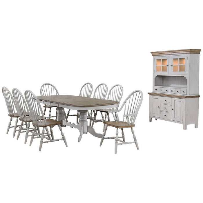Sunset Trading Country Grove 10 Piece 96" Oval Double Pedestal Extendable Dining Table Set | 2 Arm Chairs | Lighted China Cabinet | Distressed Gray and Brown Wood | Seats 10 DLU-CG4296-30AGOBH10