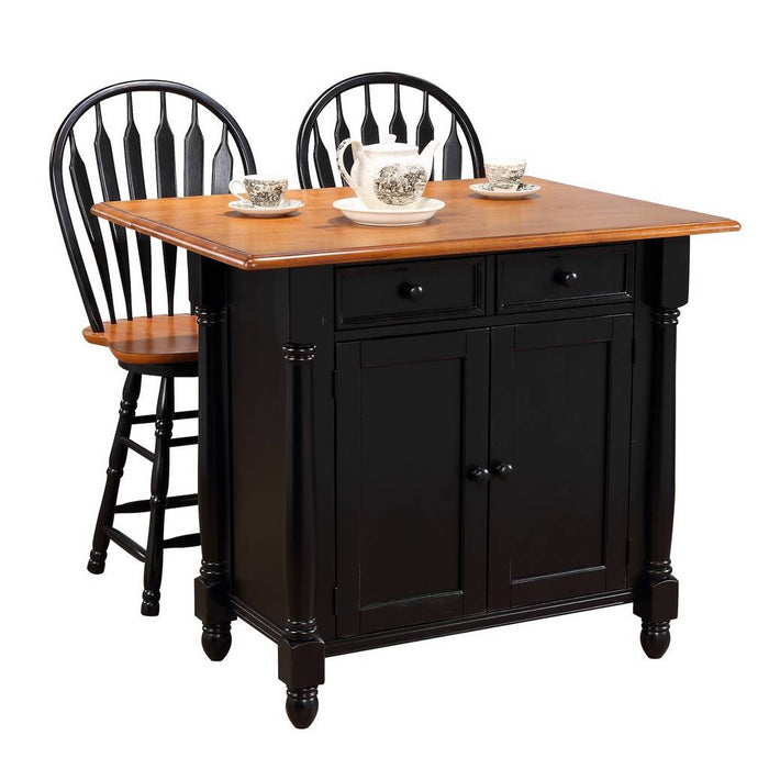 Sunset Trading Antique Black Expandable Kitchen Island with 2 Swivel Stools | Cherry Drop Leaf Top | Drawers and Cabinet DLU-KI-4222-B24-BCH3PC