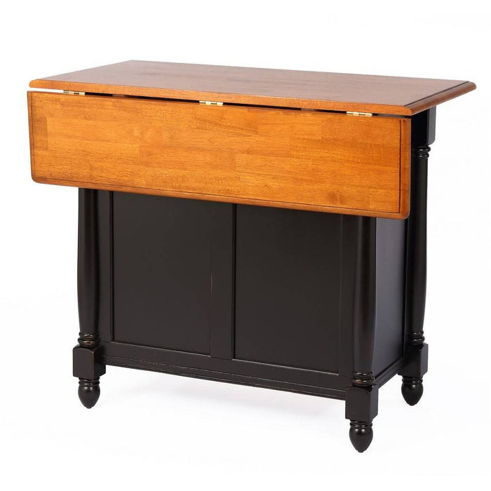 Sunset Trading Antique Black Expandable Kitchen Island with 2 Swivel Stools | Cherry Drop Leaf Top | Drawers and Cabinet DLU-KI-4222-B24-BCH3PC
