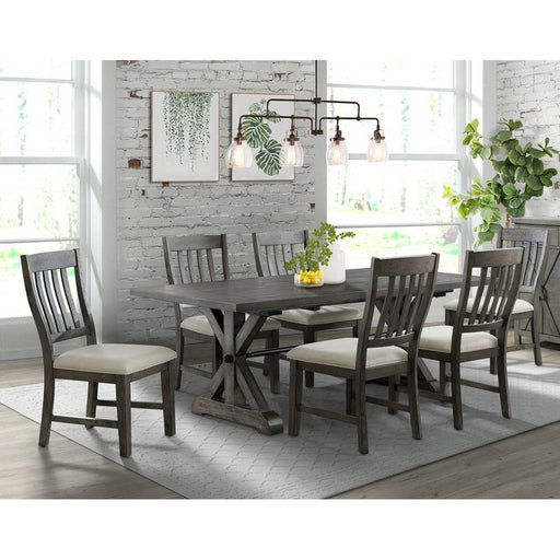 Sunset Trading Trestle 7 Piece Dining Set | 96" Rectangular Extendable Table | 6 Upholstered Side Chairs | Distressed Gray Wood | Seats 8 ED-SK100-170-7P