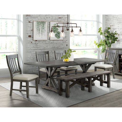 Sunset Trading Trestle 6 Piece Dining Set with Bench | 96" Rectangular Extendable Table | 4 Upholstered Side Chairs | Distressed Gray Wood | Seats 8 ED-SK100-170BN-6P
