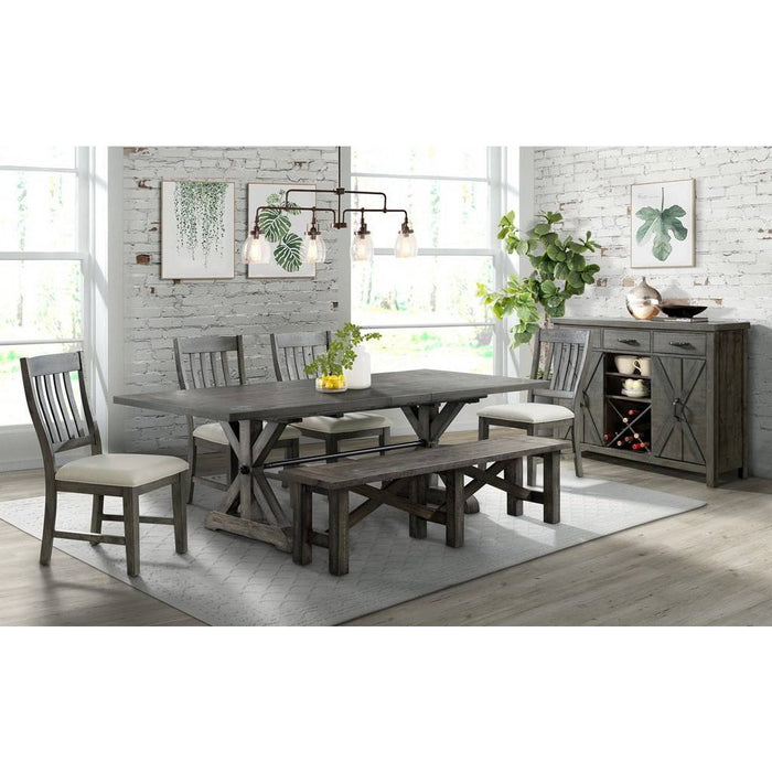 Sunset Trading Trestle 7 Piece Dining Set with Bench | 96" Rectangular Extendable Table | 4 Upholstered Side Chairs | Server with 20 Bottle Wine Rack | Distressed Gray Wood | Seats 8 ED-SK100-170BNSR-7P