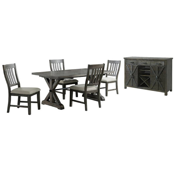 Sunset Trading Trestle 6 Piece Dining Set | 96" Rectangular Extendable Table | Server with 20 Bottle Wine Rack | Distressed Gray Wood | 4 Upholstered Chairs | Seats 8 ED-SK100-170SR-6P