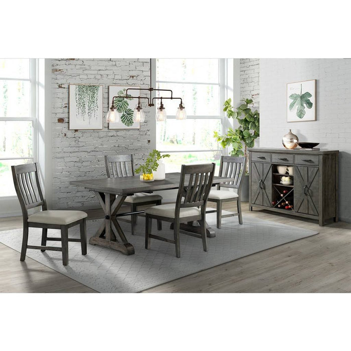 Sunset Trading Trestle 6 Piece Dining Set | 96" Rectangular Extendable Table | Server with 20 Bottle Wine Rack | Distressed Gray Wood | 4 Upholstered Chairs | Seats 8 ED-SK100-170SR-6P