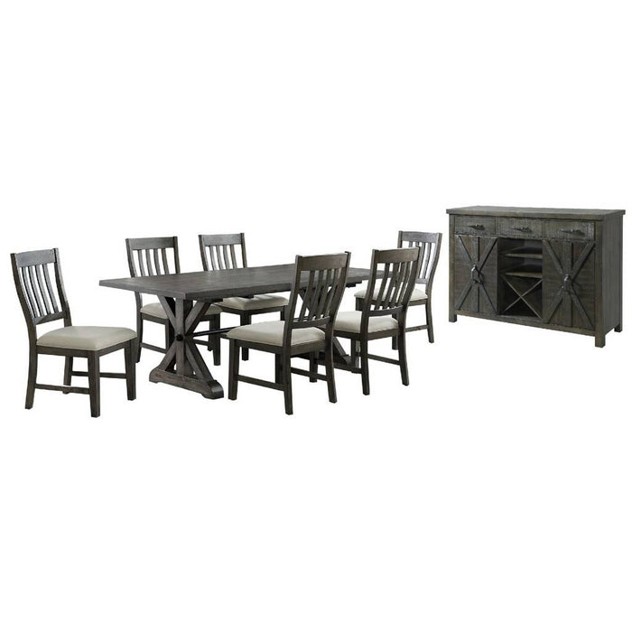 Sunset Trading Trestle 8 Piece Dining Set | 96" Rectangular Extendable Table | Server with 20 Bottle Wine Rack | Distressed Gray Wood | 6 Upholstered Chairs | Seats 8 ED-SK100-170SR-8P