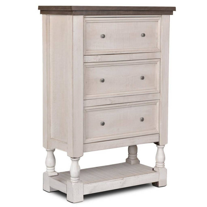 Sunset Trading Rustic French Bedroom Chest | 3 Storage Drawers | Open Display Shelf | Distressed White and Brown Solid Wood | Vertical Dresser HH-4750-345
