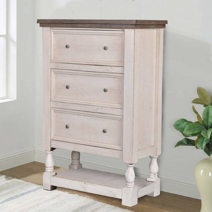 Sunset Trading Rustic French Bedroom Chest | 3 Storage Drawers | Open Display Shelf | Distressed White and Brown Solid Wood | Vertical Dresser HH-4750-345