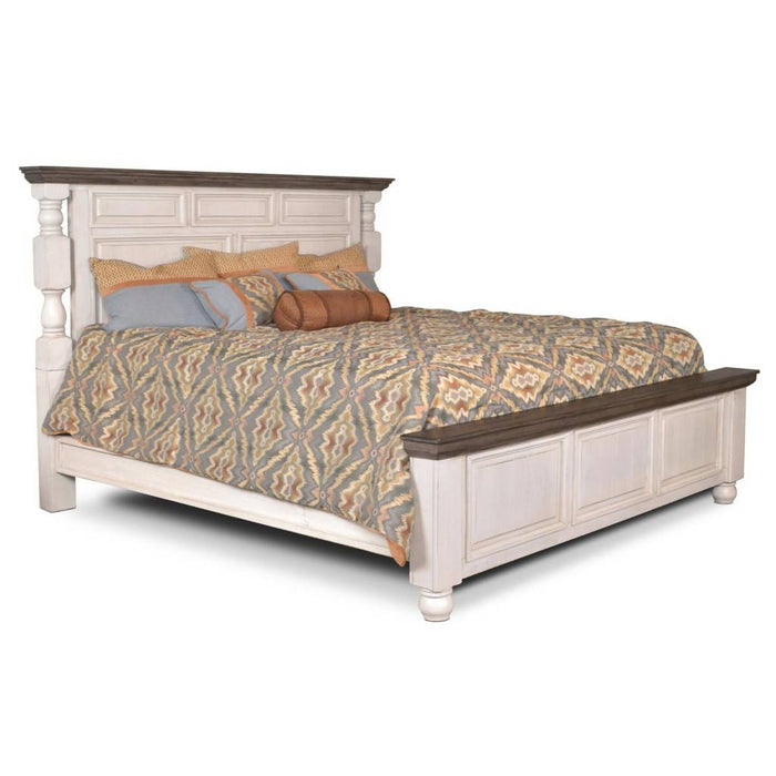Sunset Trading Rustic French King Panel Bed | Distressed White and Brown Solid Wood HH-4750-KB