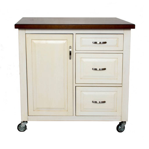 Sunset Trading Andrews Kitchen Cart | Three Drawers | Adjustable Shelf Cabinet | Distressed Antique White and Chestnut PK-CRT-04-AW