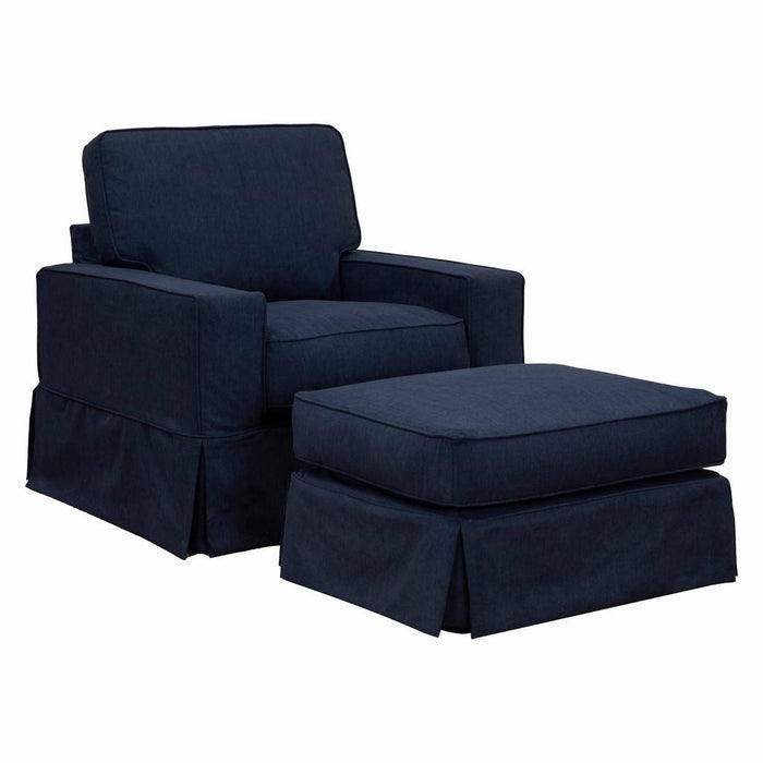 Sunset Trading Americana Box Cushion Slipcovered Chair and Ottoman Set | Stain Resistant Performance Fabric | Navy Blue SU-108520-30-391049