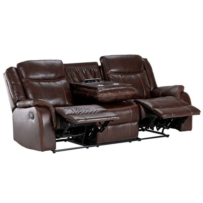 Sunset Trading Avant 3 Piece Reclining Living Room Set | Sofa with Drop Down Console USB, 2 Outlets, Cupholders | Dual Rocking Loveseat with Storage | Swivel Rocker | Brown Faux Leather SU-AV8604041-3PC