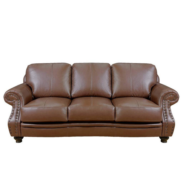 Sunset Trading Charleston 86" Wide Top Grain Leather Sofa | Chestnut Brown 3 Seater Rolled Arm Couch with Nailheads SU-CR2130-86-300LF