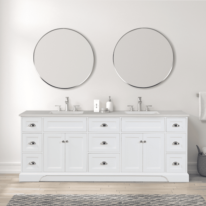 Eviva Epic 84" Transitional Vanity in Blue, Charcoal Gray, or White Finish with Brushed Nickel or Gold Hardware with White Quartz Top