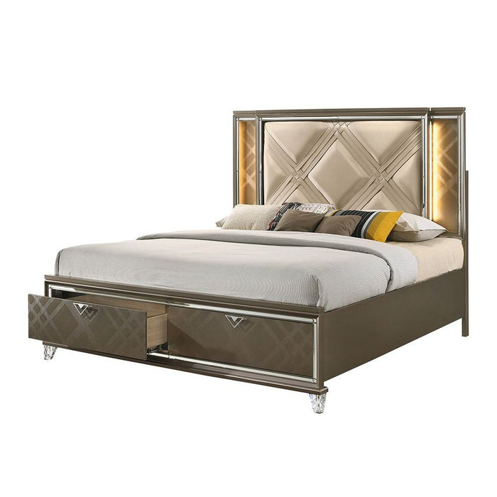 Acme Furniture Skylar Ek Bed W/Storage & Led in LED, PU & Dark Champagne Finish 25317EK