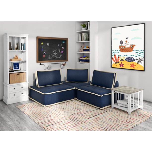 Sunset Trading Pixie 4 Piece Sofa Sectional | Modular Couch | Bluetooth Speaker Console Outlets USB Storage Cupholders | Navy Blue and Cream Fabric SU-UPX1671135-3A-MNW
