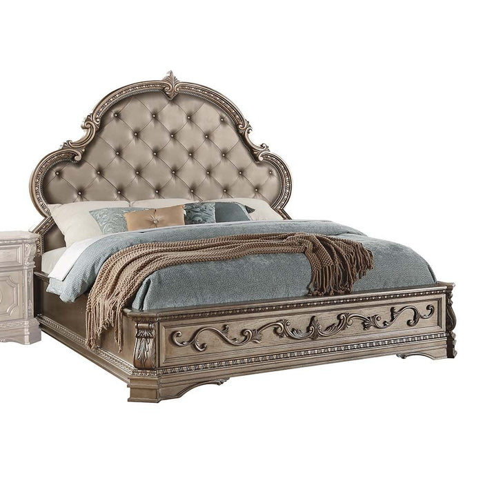 Acme Furniture Northville Ek Bed in PU & Antique Silver Finish 26927EK