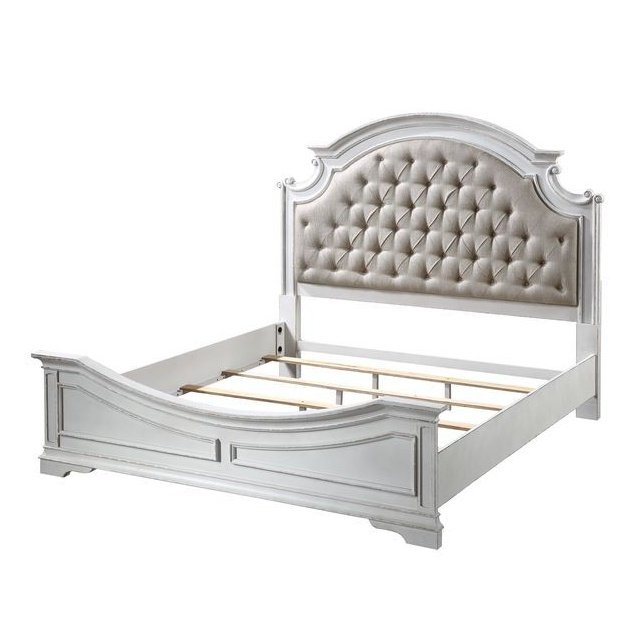 Acme Furniture Florian Ek Bed in Beige PU & Antique White Finish 28717EK