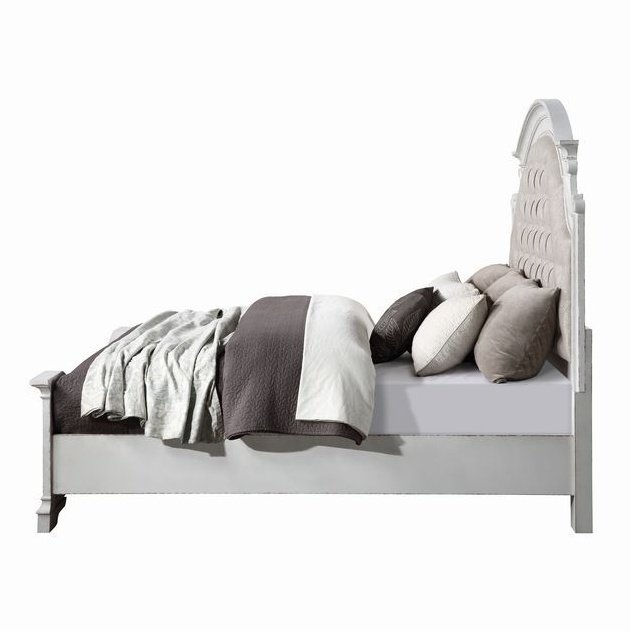 Acme Furniture Florian Ek Bed in Beige PU & Antique White Finish 28717EK