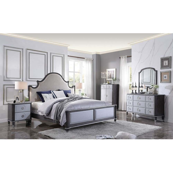 Acme Furniture House Beatrice Ck Bed in Two Tone Beige Fabric, Charcoal & Light Gray Finish 28804CK