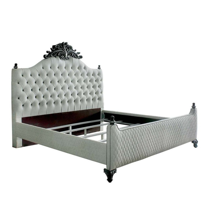 Acme Furniture House Delphine Queen Bed in Two Tone Ivory Fabric & Charcoal Finish 28850Q