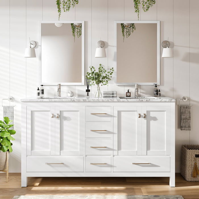 Eviva London 60" x 18" Transitional Double Sink Bathroom Vanity in Espresso, Gray or White Finish with White Carrara Marble Countertop and Undermount Porcelain Sinks