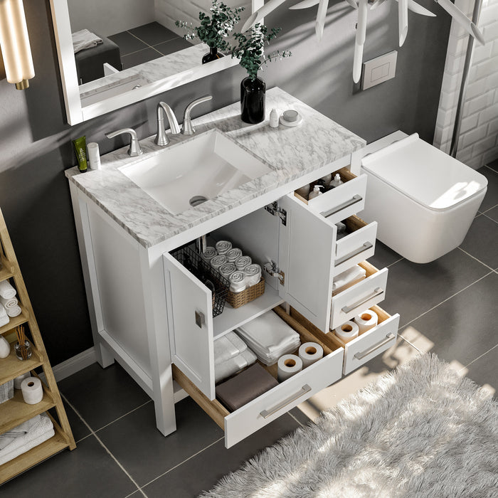 Eviva Aberdeen 36" Transitional Bathroom Vanity in Gray or White Finish with White Carrara Marble Countertop and Undermount Porcelain Sink