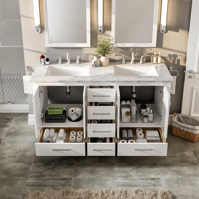 Eviva Aberdeen 60" Transitional Double Sink Bathroom Vanity in Espresso, Gray or White Finish with White Carrara Marble Countertop and Undermount Porcelain Sinks