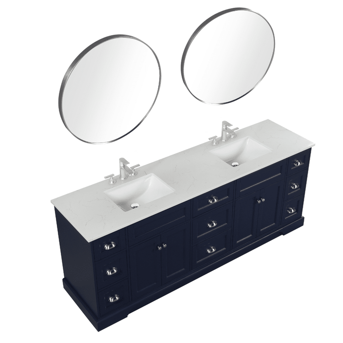 Eviva Epic 84" Transitional Vanity in Blue, Charcoal Gray, or White Finish with Brushed Nickel or Gold Hardware with White Quartz Top