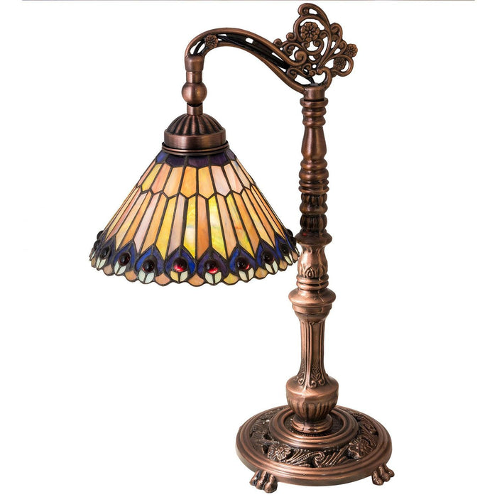 Meyda 19"H Tiffany Jeweled Peacock Bridge Arm Desk Lamp