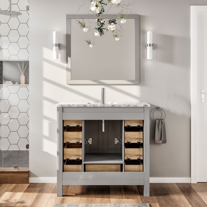 Eviva Hampton 36" x 18" Transitional Bathroom Vanity in Gray or White Finish with White Carrara Countertop and Undermount Porcelain Sink