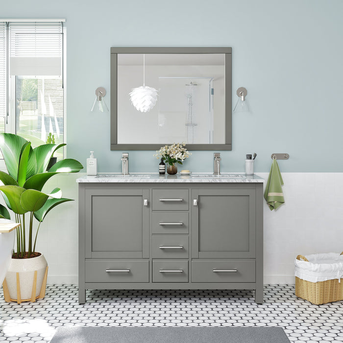 Eviva London 48" x 18" Transitional Double Sink Bathroom Vanity in Espresso, Gray or White Finish with White Carrara Marble Countertop and Undermount Porcelain Sinks