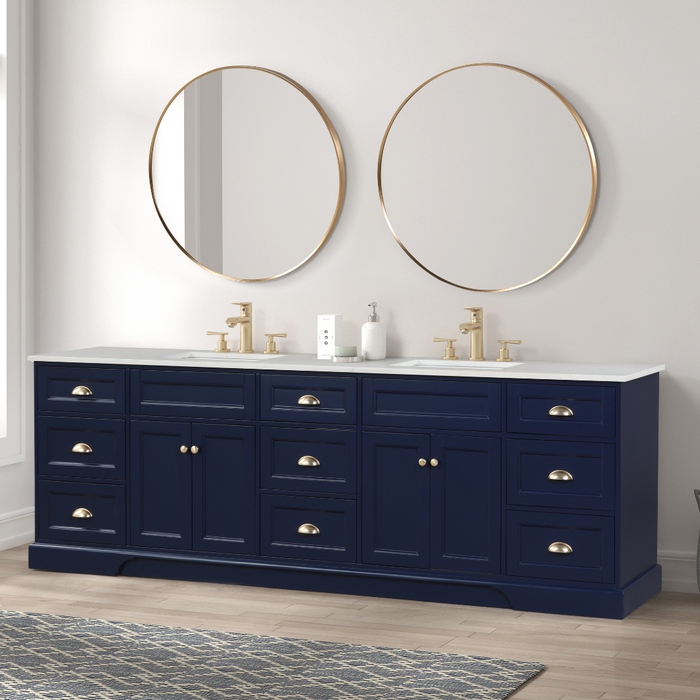 Eviva Epic 96" Transitional Vanity in Blue, Charcoal Gray, or White Finish with Brushed Nickel or Gold Hardware with White Quartz Top