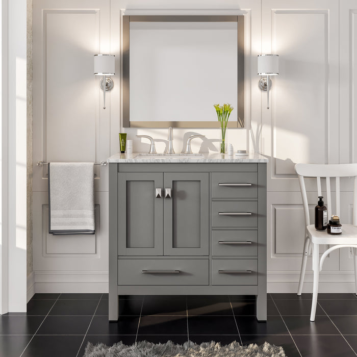 Eviva Aberdeen 36" Transitional Bathroom Vanity in Gray or White Finish with White Carrara Marble Countertop and Undermount Porcelain Sink