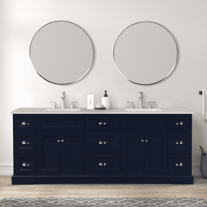 Eviva Epic 84" Transitional Vanity in Blue, Charcoal Gray, or White Finish with Brushed Nickel or Gold Hardware with White Quartz Top