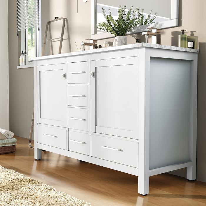 Eviva London 48" x 18" Transitional Double Sink Bathroom Vanity in Espresso, Gray or White Finish with White Carrara Marble Countertop and Undermount Porcelain Sinks