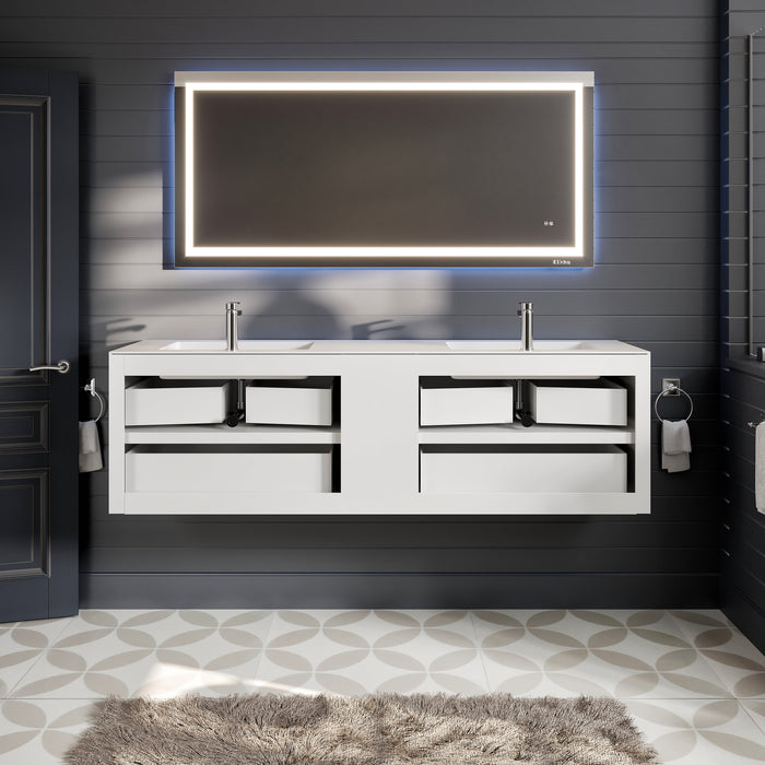 Eviva Vienna 75" Wall Mount Double Sink Bathroom Vanity in Ash w/ White Frame, Cement Gray w/ White Frame, or Gray Oak w/ White Frame Finish with White Integrated Acrylic Top