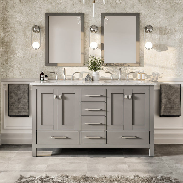 Eviva Aberdeen 60" Transitional Double Sink Bathroom Vanity in Espresso, Gray or White Finish with White Carrara Marble Countertop and Undermount Porcelain Sinks