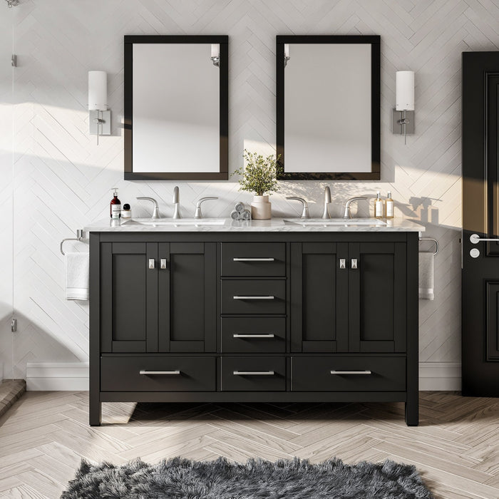 Eviva Aberdeen 60" Transitional Double Sink Bathroom Vanity in Espresso, Gray or White Finish with White Carrara Marble Countertop and Undermount Porcelain Sinks